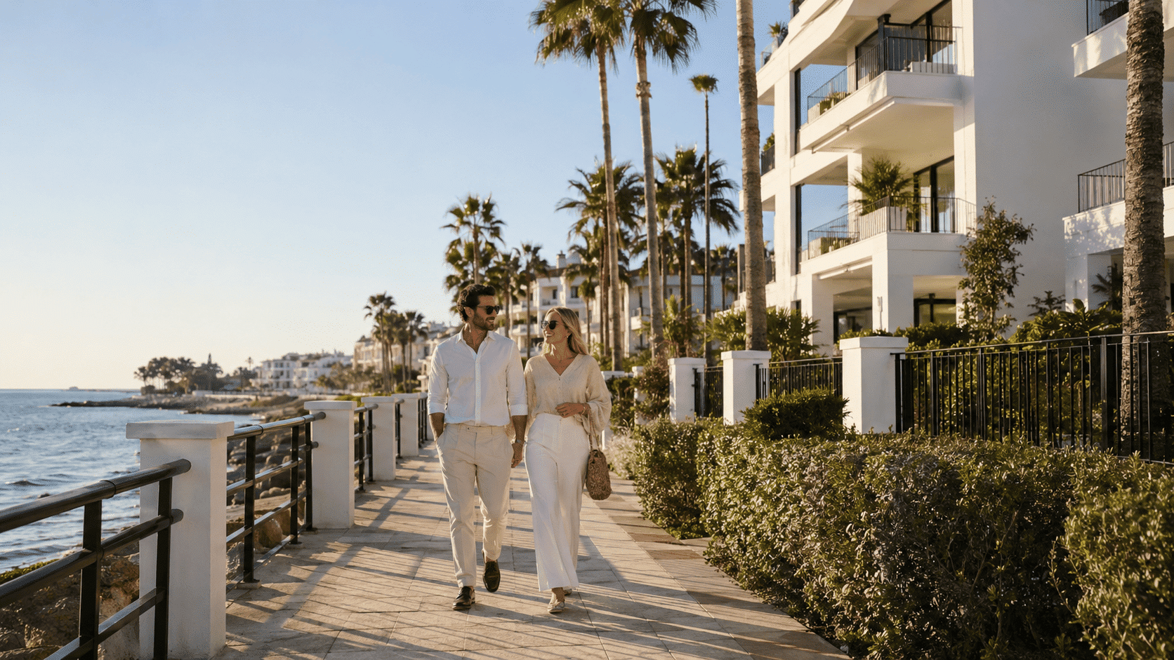 Nederlandse kopers bekijken een luxe nieuwbouwproject aan de Costa del Sol met zwembad en zeezicht.