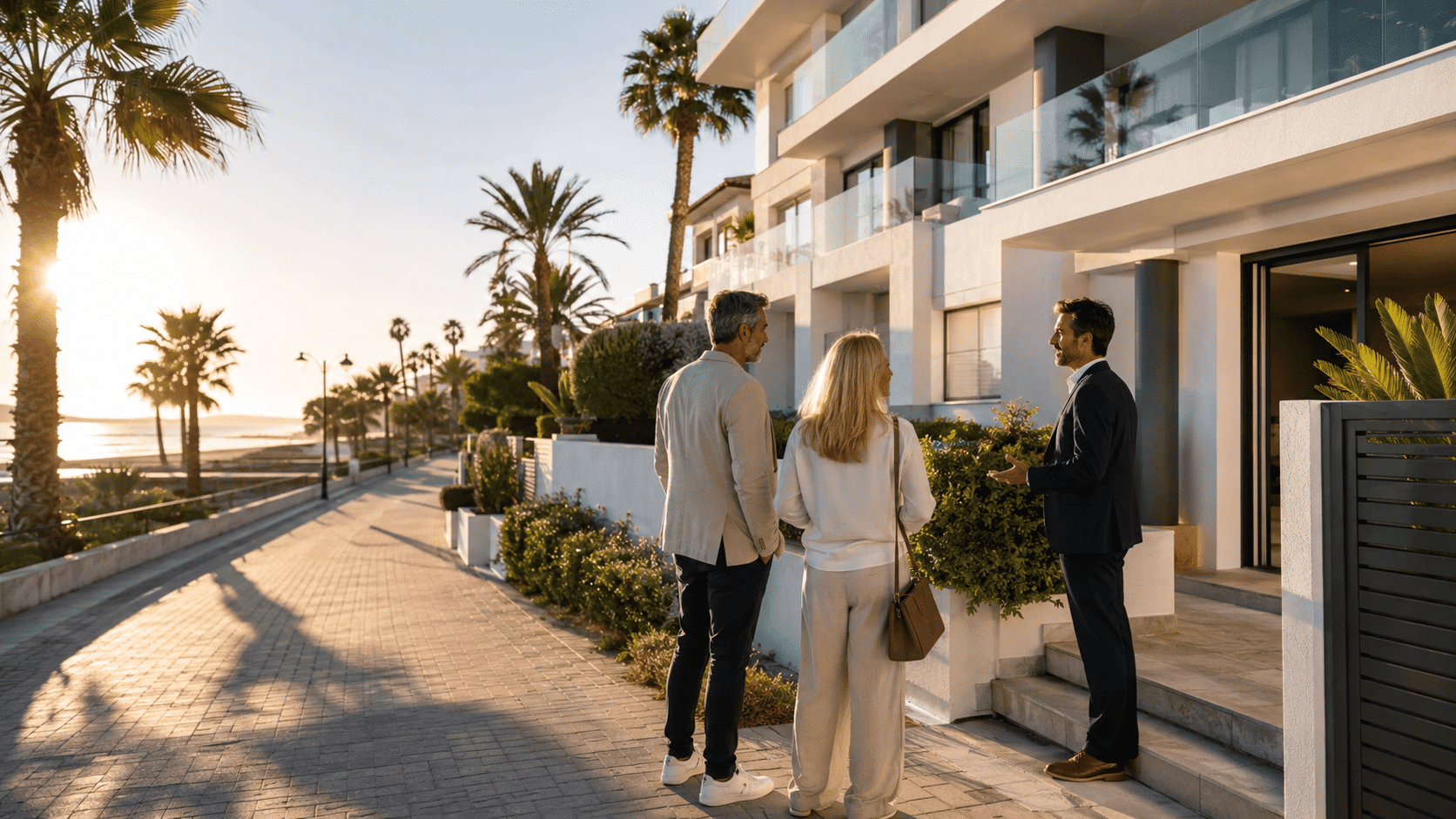 Nederlandse kopers bekijken een luxe nieuwbouwproject aan de Costa del Sol met juridische hulp bij woning aankoop in Spanje.