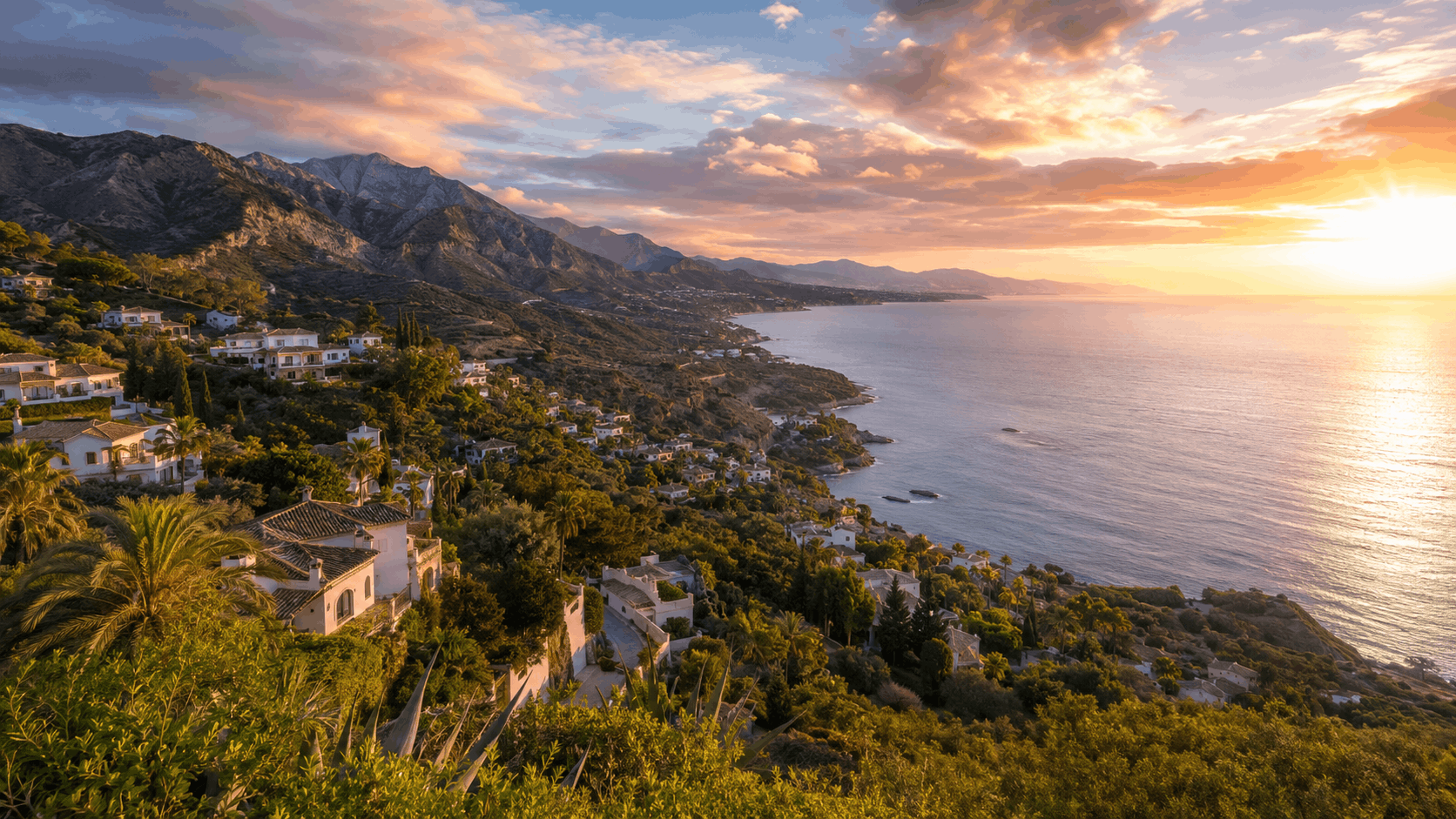 Luxe terras met zeezicht bij zonsondergang aan de Costa del Sol, passend bij juridische hulp voor Nederlanders die vastgoed kopen in Spanje.