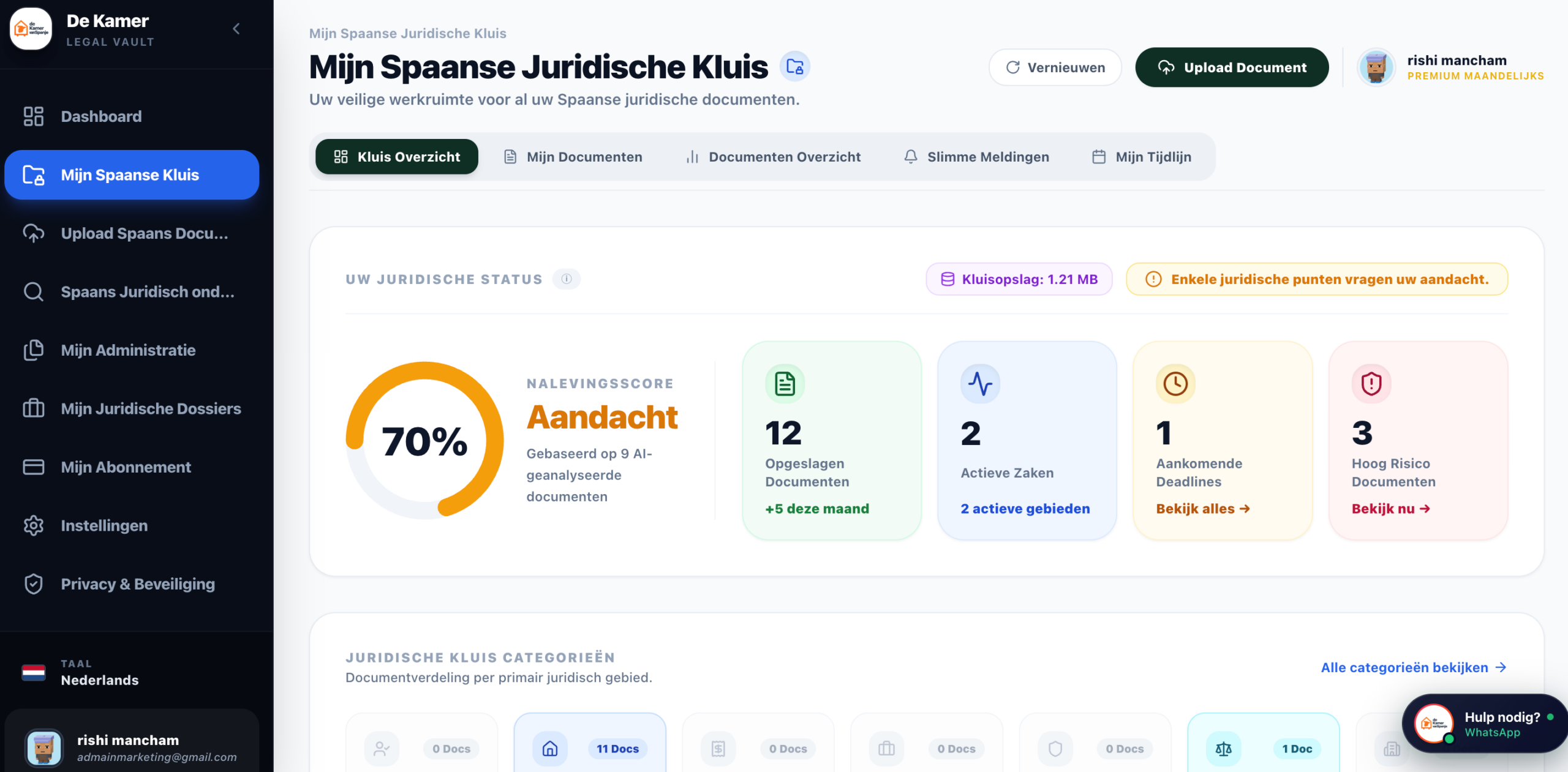 Mijn KVS dashboard met overzicht van Spaanse juridische documenten, dossiers, risico's en meldingen